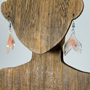 Mermaid Tail Earrings Iridescent Pink Glitter Resin Fish Fin Dangle 1.75”